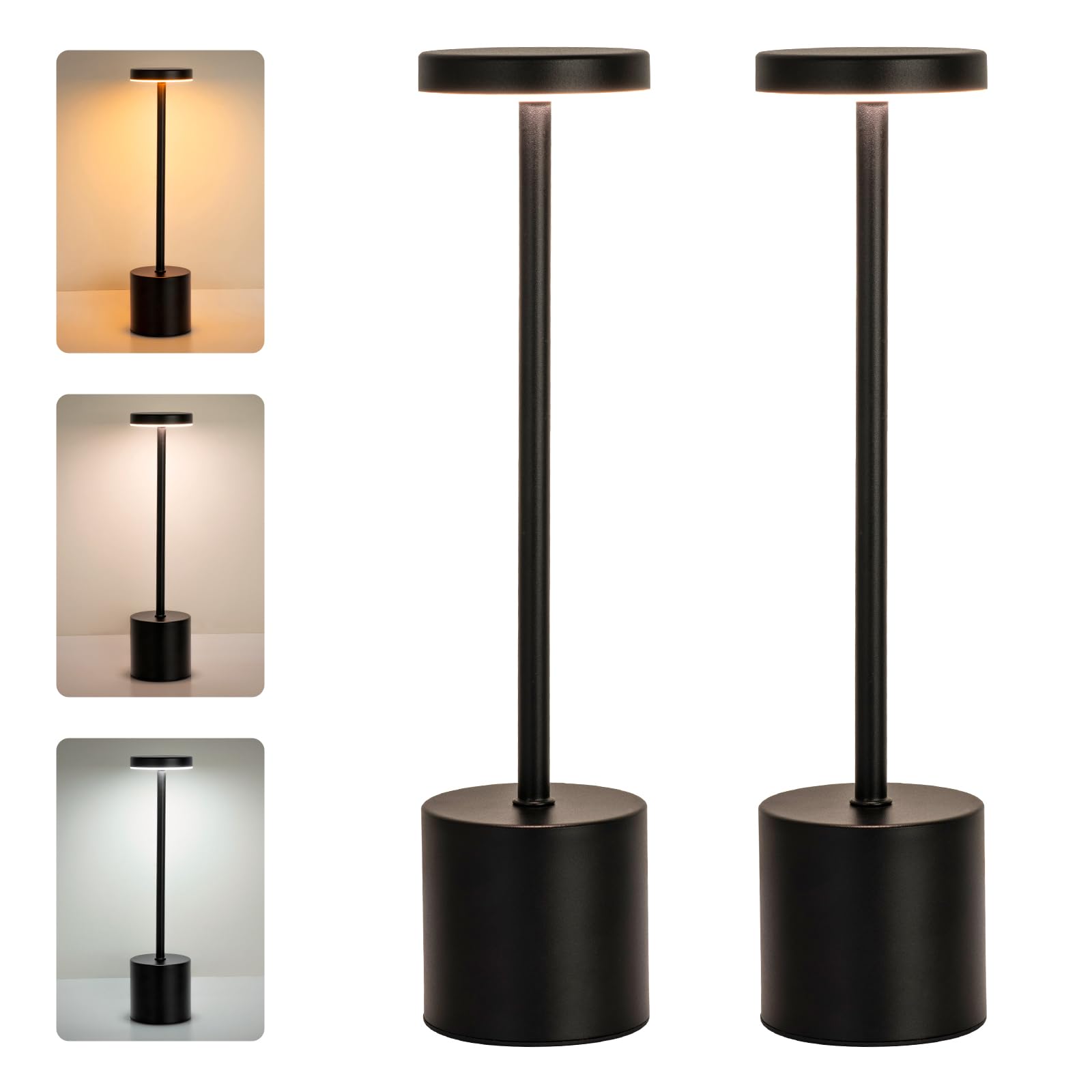 ZOOPEEN 2 Pack LED Cordless Rechargeable Table Lamp,5200mAH Battery Operated Desk Light,Touch 3 Color & Stepless Dimming Bedside