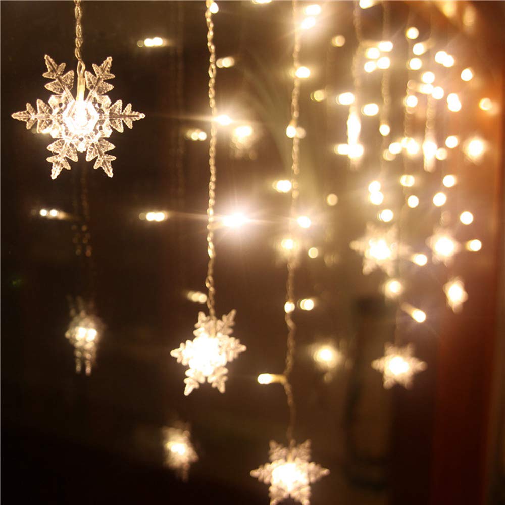 Lainin 96LED Snowflake Curtain Light, USB Powered, 12ft/3.5M, Warm White, Copper Material, Ideal for Christmas and Weddings