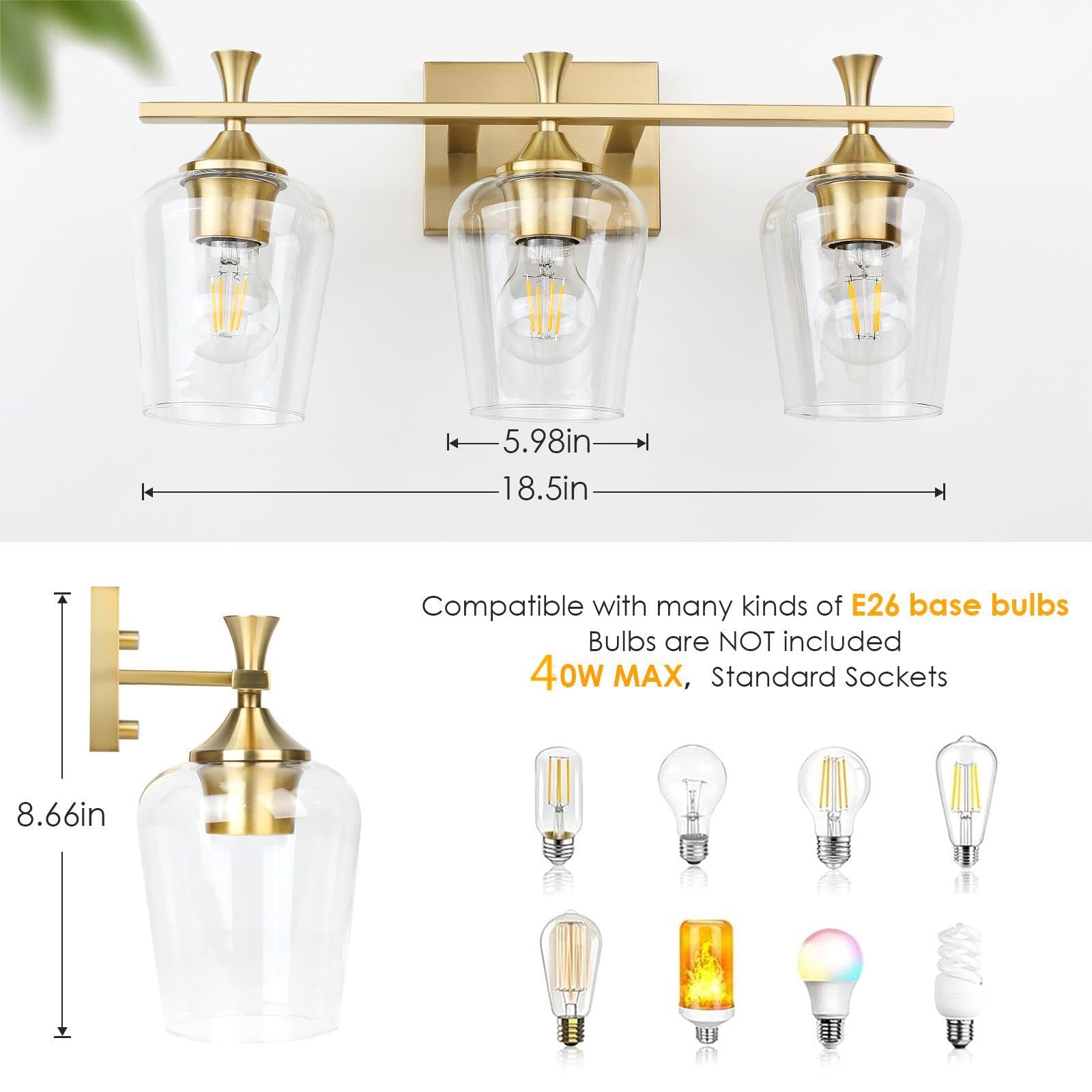 3 Light Bathroom Vanity Light Fixtures,Modern Brushed Gold Vanity Lights With High Clear Wine Glass Bathroom Lighting Over Mirro