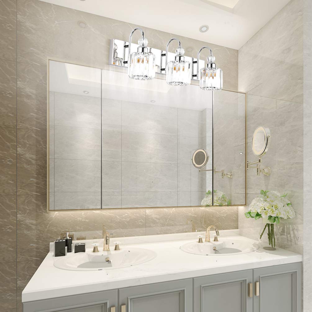 Ralbay Modern LED Crystal Bathroom Vanity Lights 3-Light Stainless Steel Fixture Round-Chrome Model 8600