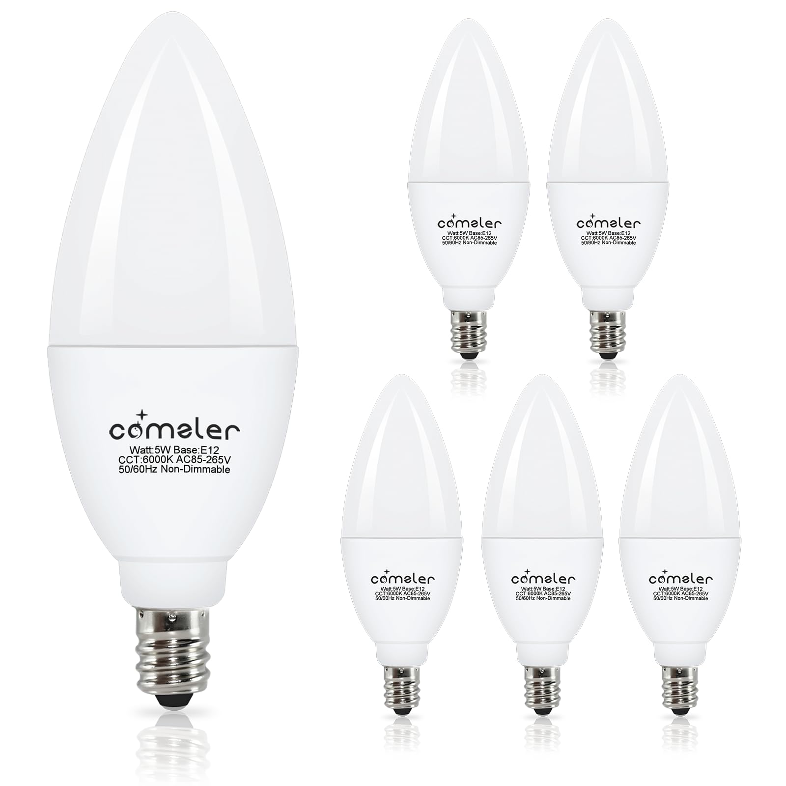 Comzler E12 Ceiling Fan Light Bulbs, 5 Watt 60 Watt Equivalent Led Candelabra Bulbs, Cool Daylight 6000K Chandelier Light Bulbs,