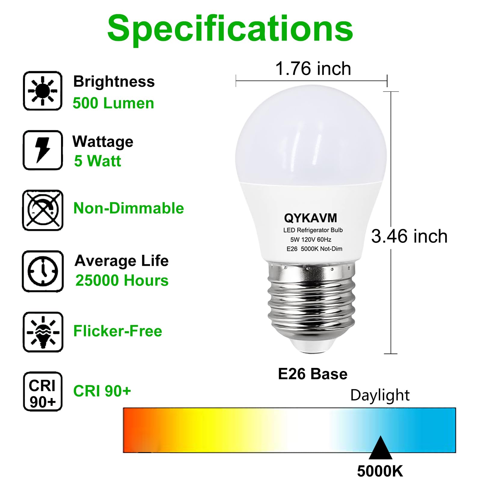 QYKAVM 5W A15 E26 LED Refrigerator Light Bulb, 40W Equivalent, Waterproof, 500LM, 5000K Daylight White, 2 Pack