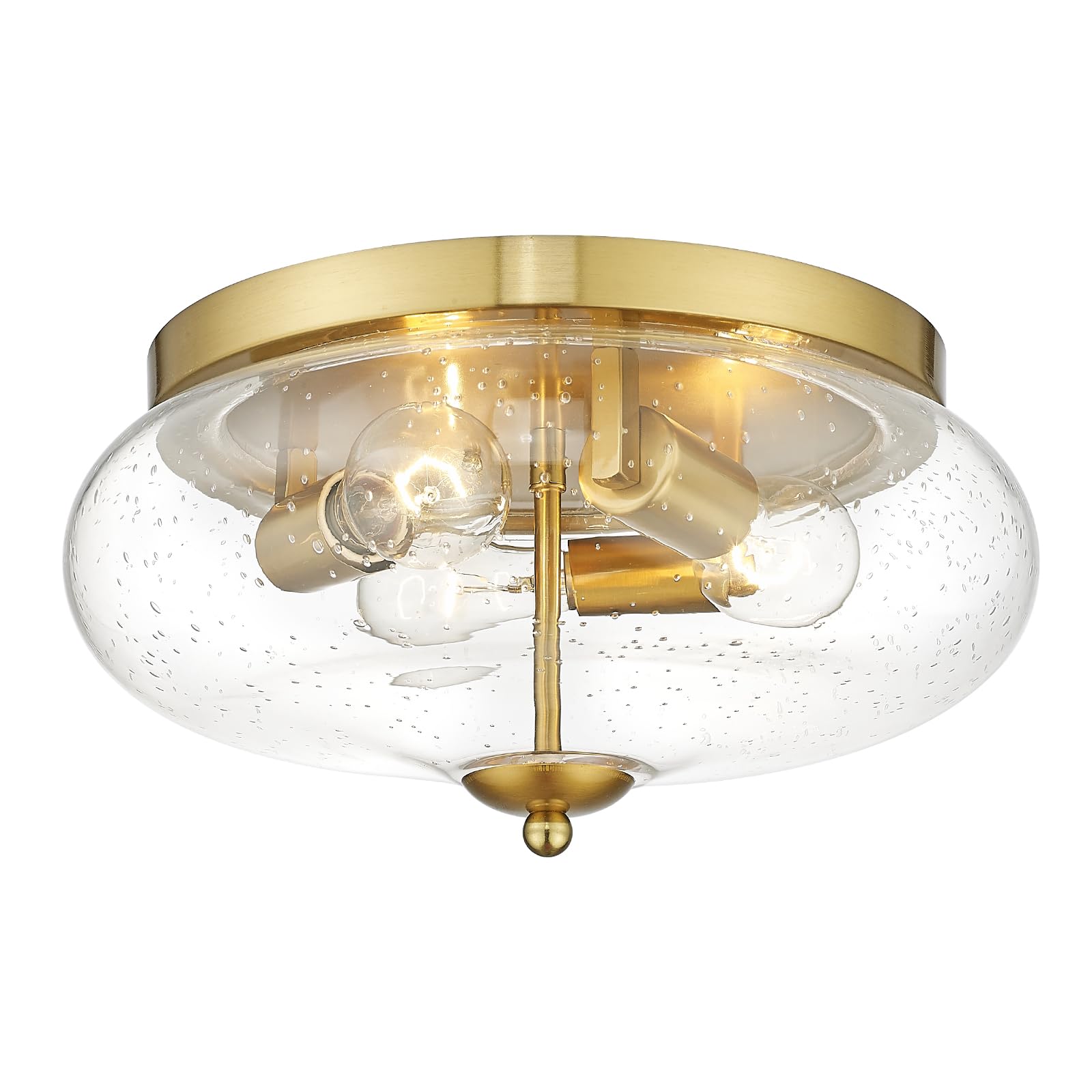 Darkaway Ceiling Light Fixture, 3-Light Flush Mount, Seeded Glass Shade, 13.38in Size, Gold Finish, Model 6T1F, Indoor/Outdoor Use