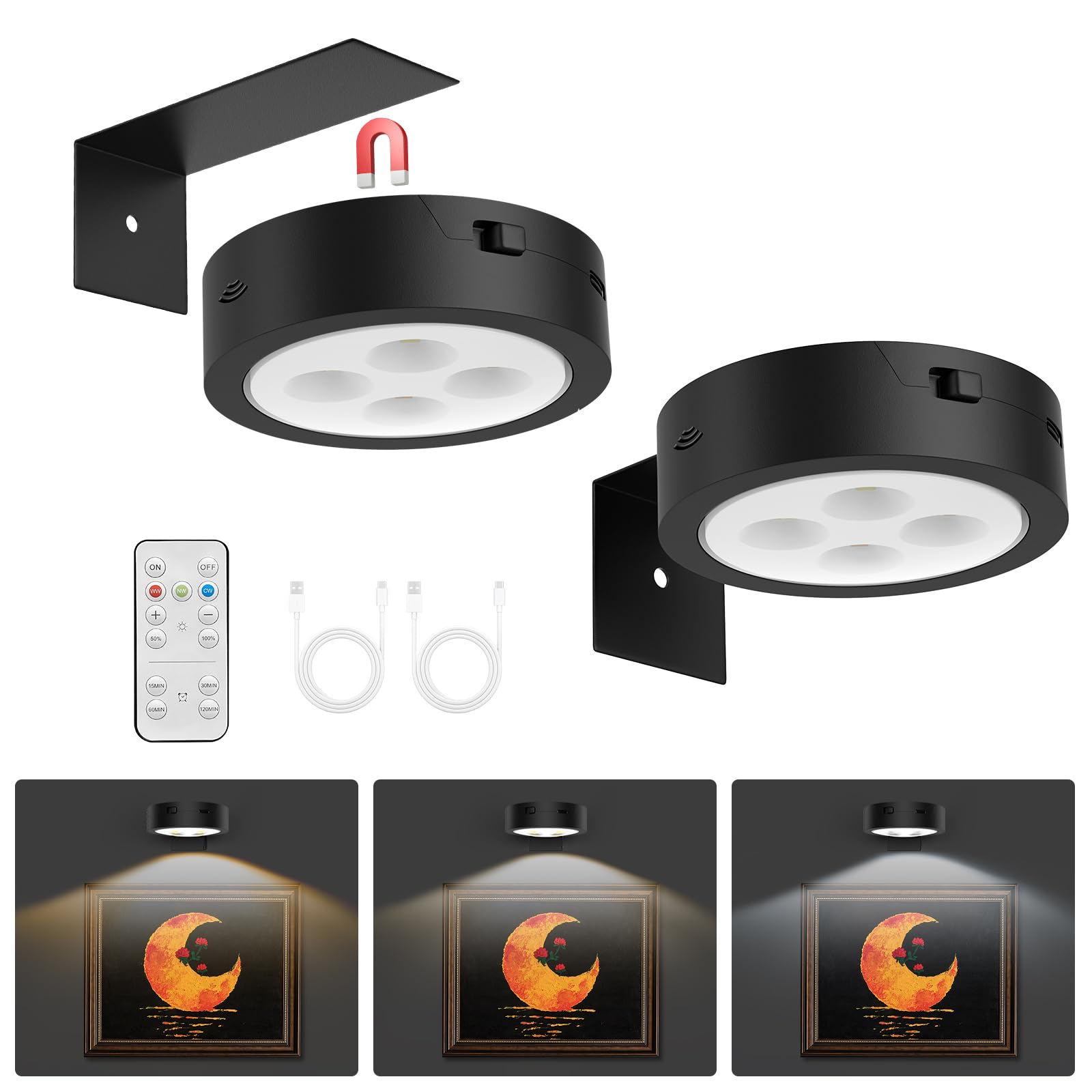 2Pack Led Picture Light Rechargeable Battery Operated Picture Lights Wireless Art Display Light Magnetic Painting Light With Remote Control,Timer&Dimmable Wall Sconce For Wall Artworking Puck Light