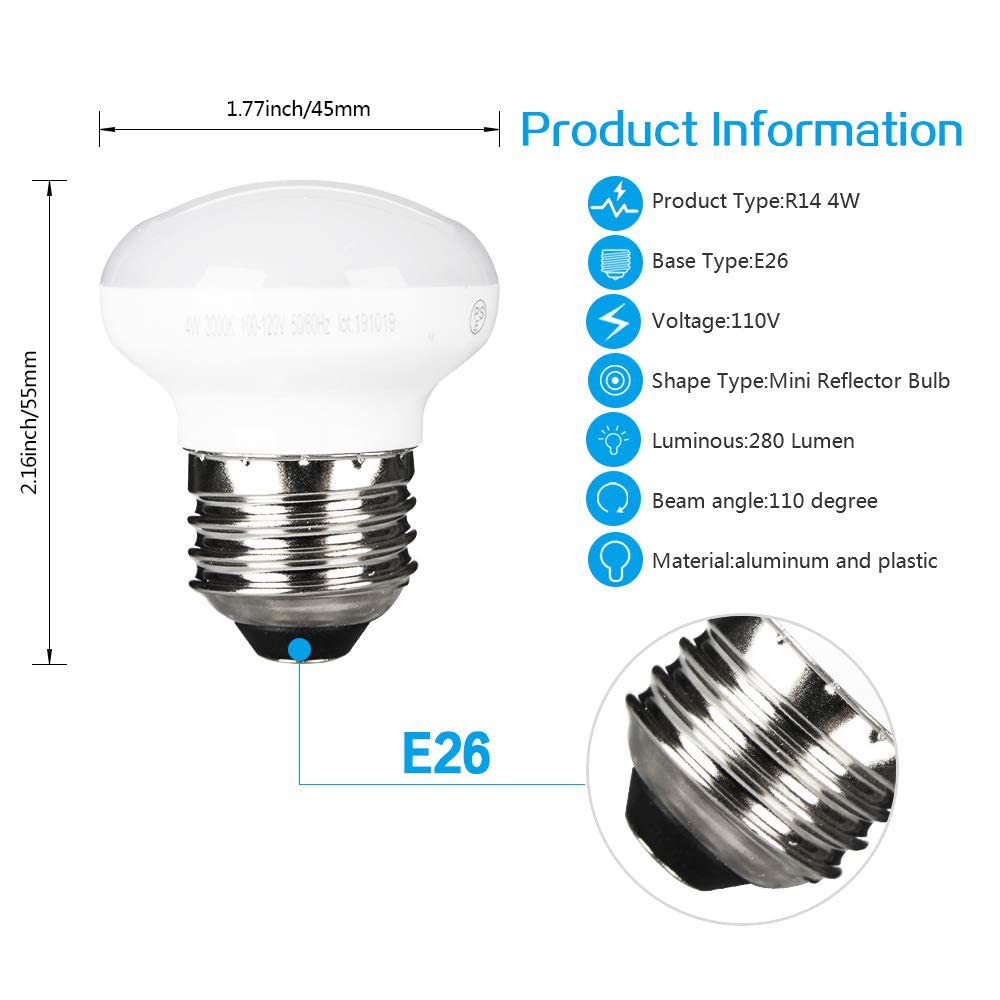Haian Support E26 Base R14 Led Bulb, 4W Warm White, 4-Pack Curio Cabinet Light Bulbs