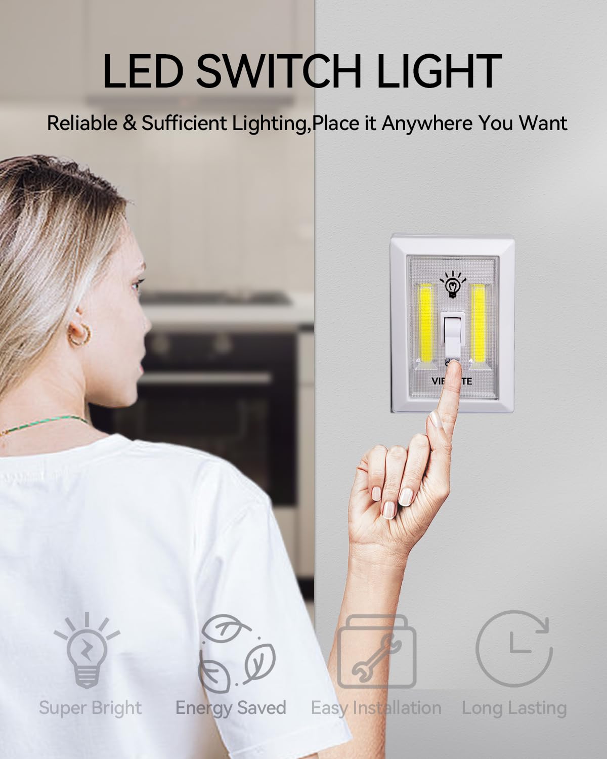 VIB high-standard LED Night Light Switch - 200 Lumen, Wireless, Battery Operated, 4 Pack, White, Ideal for Cabinets, Closets, and Emergency Use