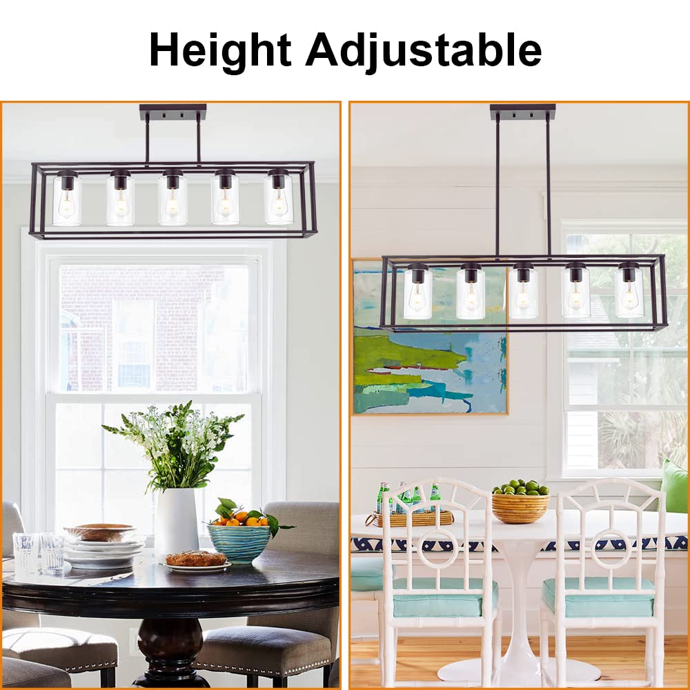 VINLUZ 5-Light Kitchen Island Chandelier, Oil Rubbed Bronze, Modern Metal Linear Pendant Lighting with Clear Glass Shades, Model 1811-5-OB