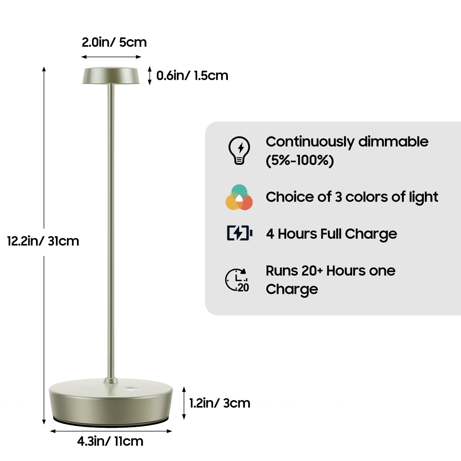 Sikevht Cordless Led Table Lamp,Rechargeable Battery Desk Lamps, 3 Color Stepless Dimmable Metal Battery Table Lamps, Portable T