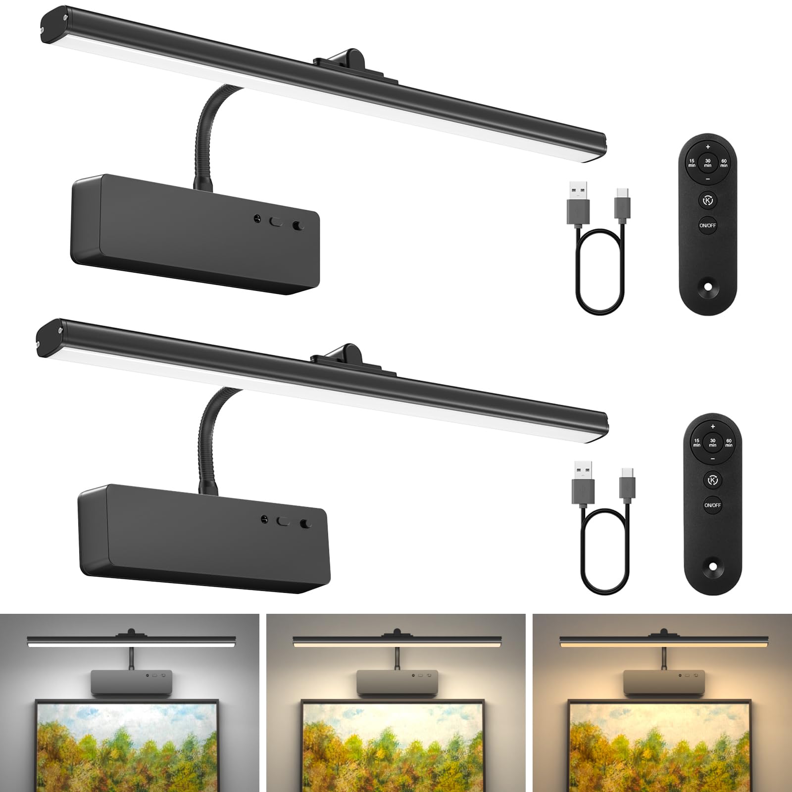 Picture Light with Remote, 15.35inch Wireless Rechargeable Battery Wall Light for Paintings, 3 Colors Paintings Light Dimmable and Timer Metal Art Light for Display, Wall, Artwork, Gallery (Black)2PCS