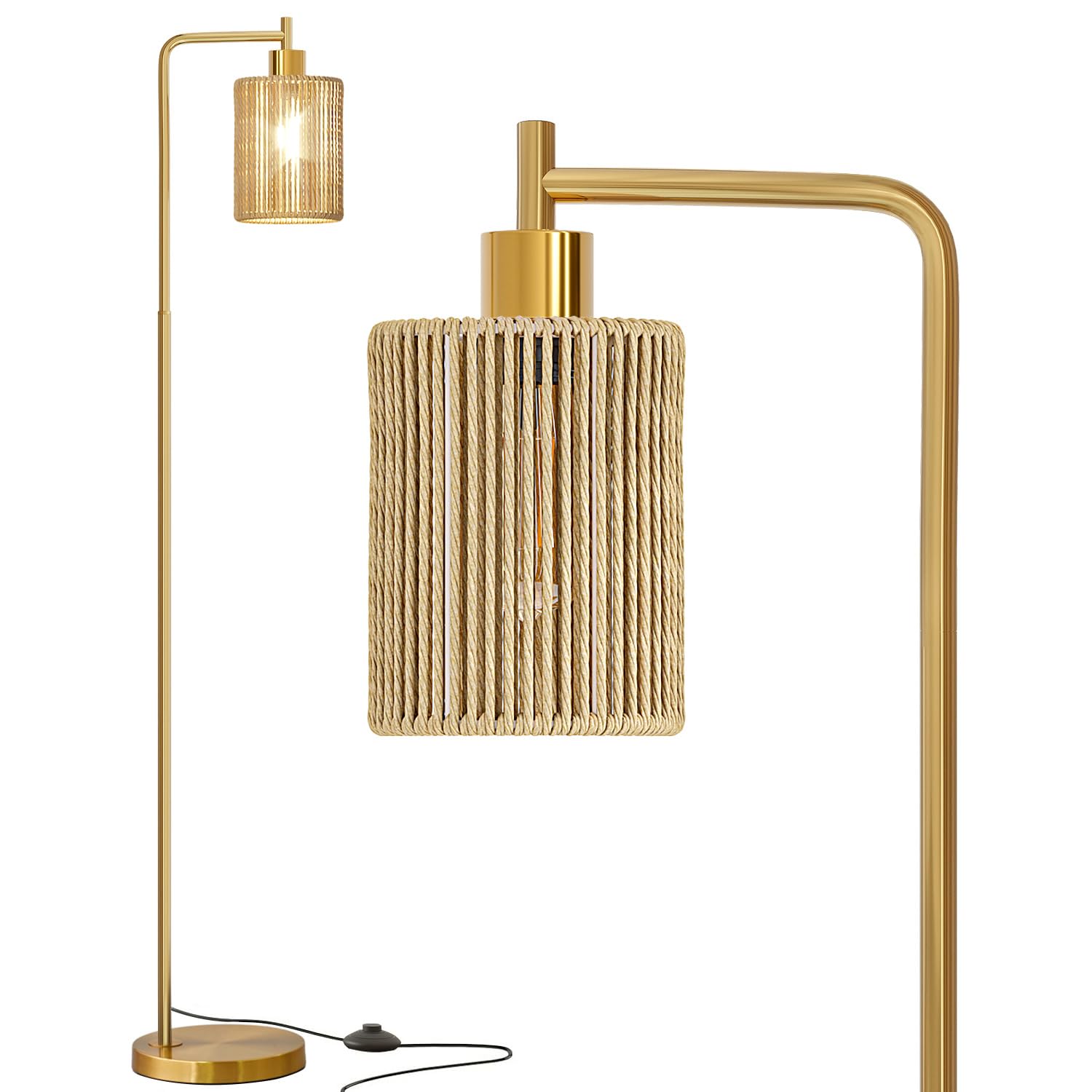 Oneach 66'' Gold Floor Lamp for Living Room, Boho Floor Lamp with LED Bulb, Foot Switch, Rattan Shade, Industrial Tall Farmhouse