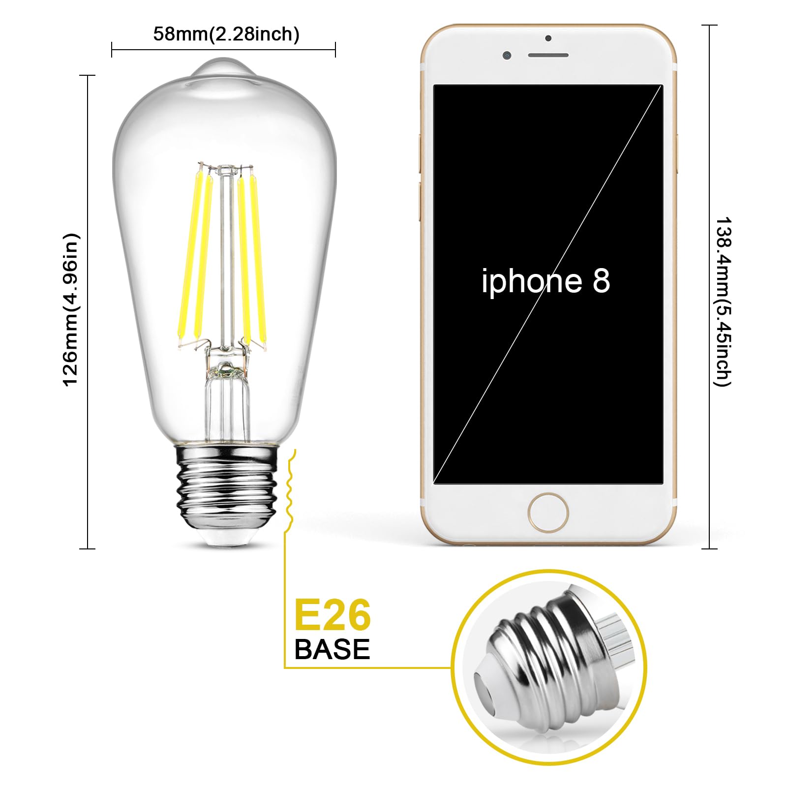 Ascher Vintage LED Edison Bulbs, 6W Equivalent, Daylight 5000K, Clear Glass, Pack of 12