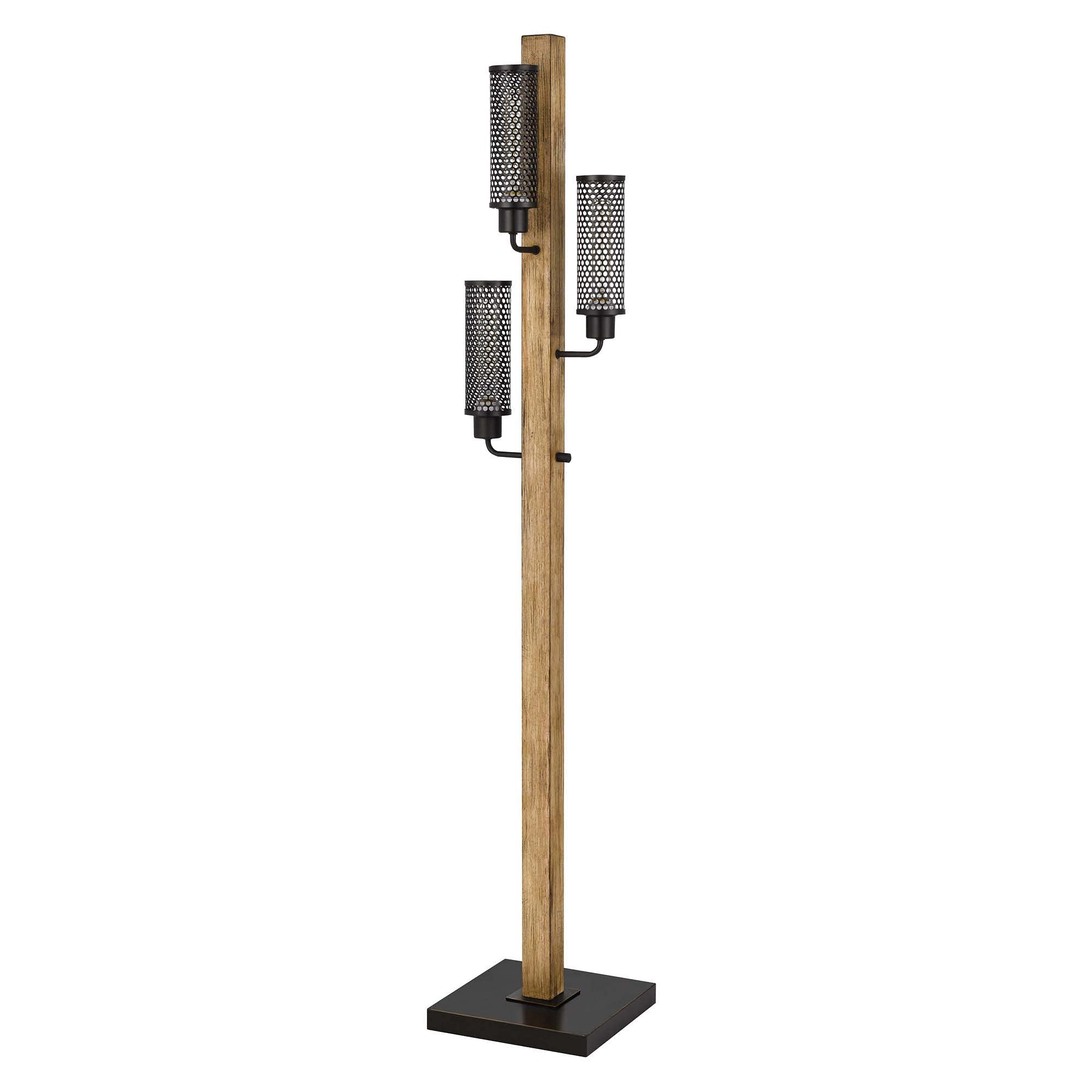 Benzara Wooden Floor Lamp with 3 Metal Mesh Shades, 61x11x23.54 inches, Brown and Black, Model BM241796