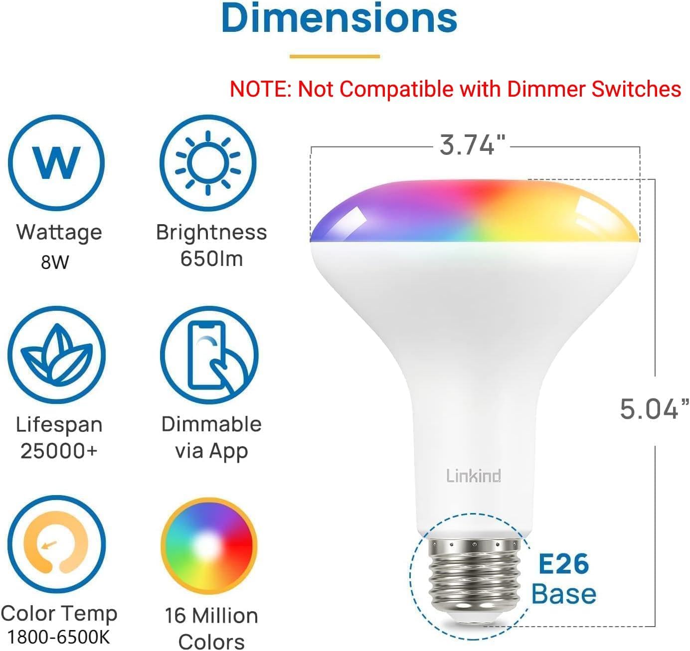 Linkind BR30 Smart Light Bulbs, RGBTW LED, E26 Flood, 650LM, 2 Pack, Aluminum, Compatible with Alexa and Google Home