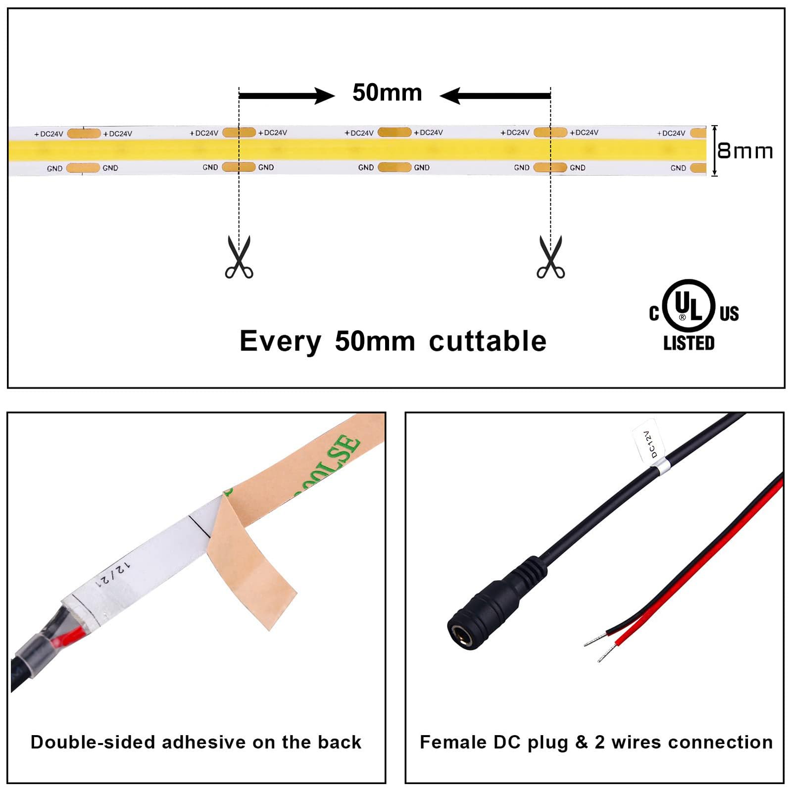 Tunichx Cob Led Strip Light Dc 24V Led Strip Light Flexible Super Bright Led Strips,16.4Ft 6500K White,Cri 90+,2400Leds High Den