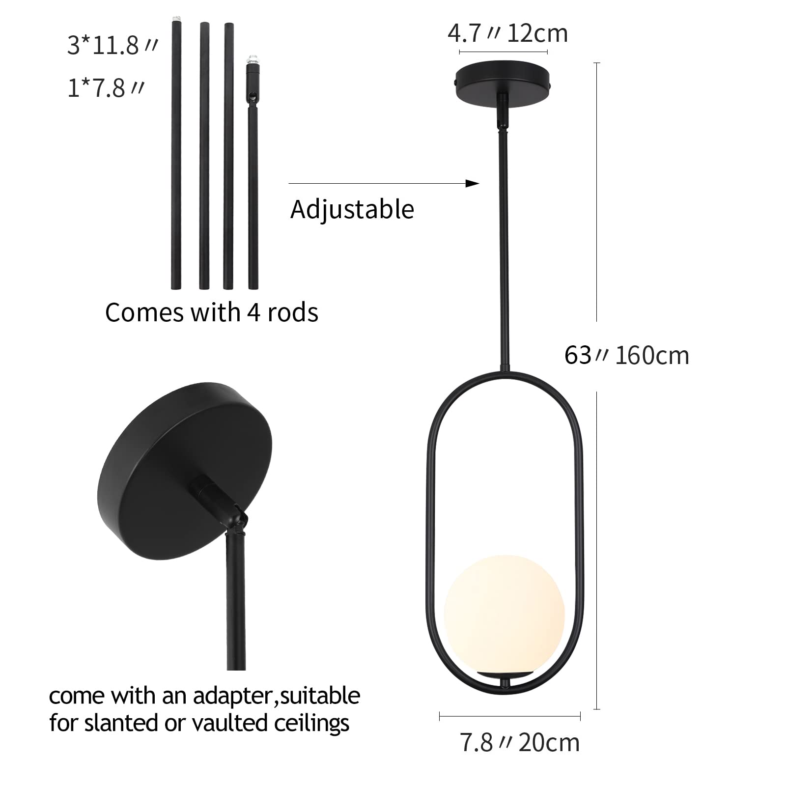 SeeU Pendant Light Chandelier, Black Metal Globe Fixture for Kitchen, Dining Room, Bedroom
