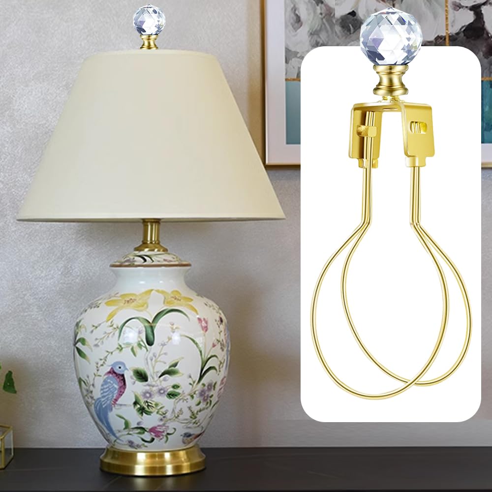 Asjeumt 2Pcs Lamp Shade Light Bulb Clip Adapter Kit, Gold Lampshade Holder Adapter With Crystals Top Finial, No Harp Required, Clip On Bulb, Diy Replacement Repair Table & Floor Light Metal Parts