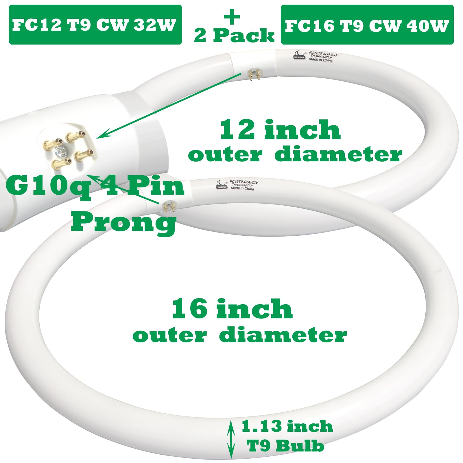 CHKADAWA Round Fluorescent Light Bulb Set - 32W 12" & 40W 16" Cool White, G10q 4 Pin Prong, Glass, 410