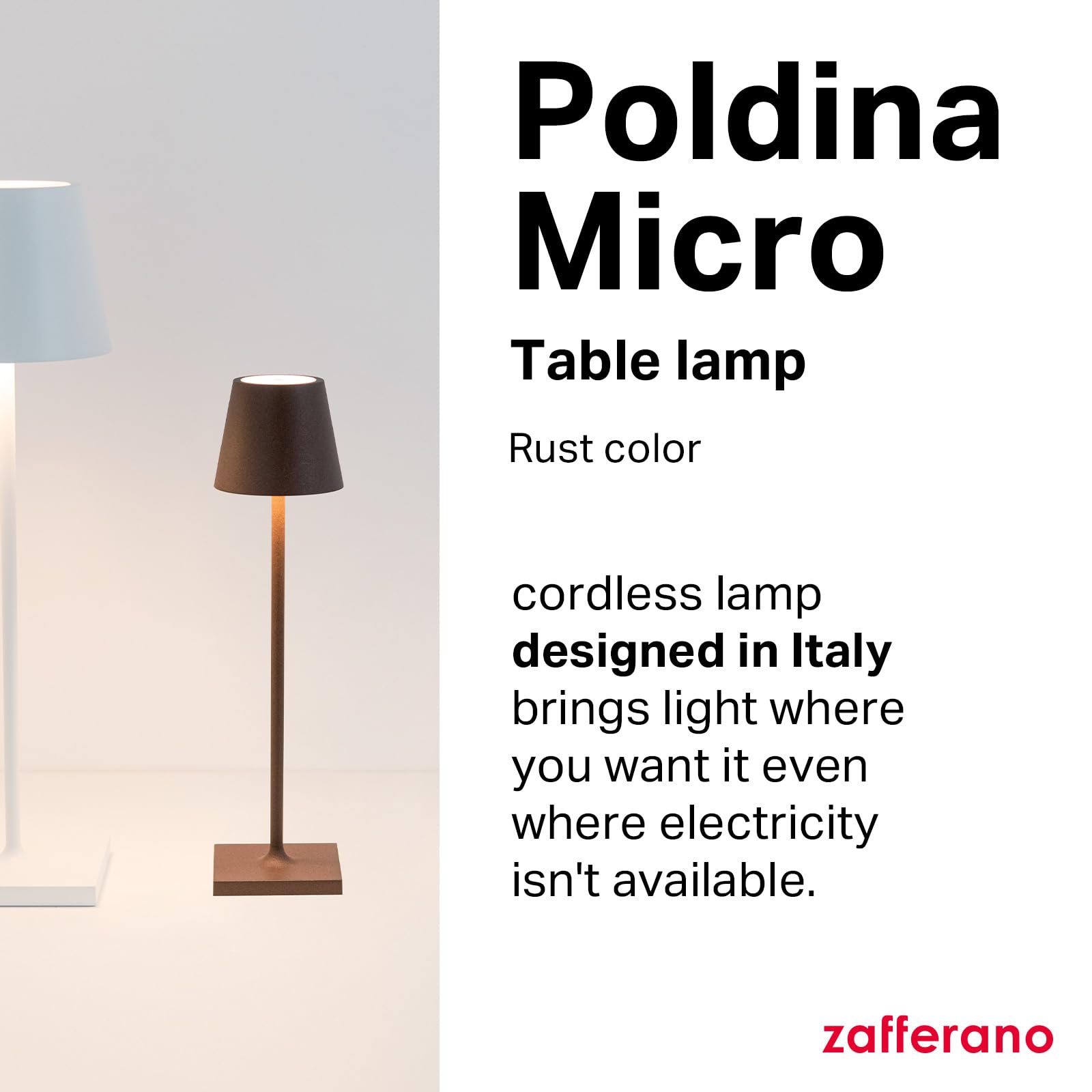 Zafferano Poldina Micro Lamp, Rechargeable Cordless Table Lamp, Rust Color, Aluminum, 10.8 Inches, Model LD0490R3
