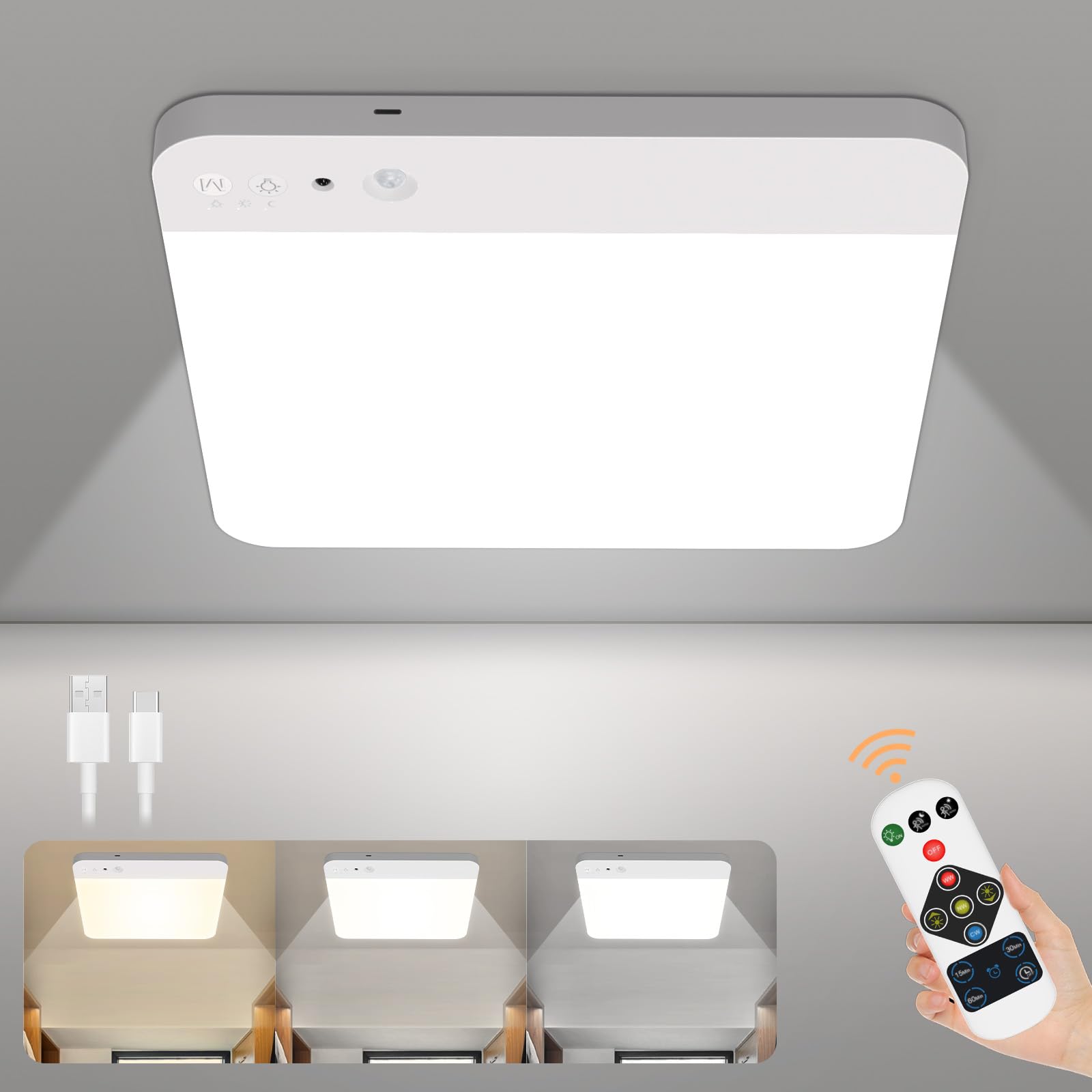 WhitePoplar Rechargeable Motion Sensor Closet Light - 400LM Wireless Ceiling Light, Magnetic, 1 Pack, White, Model T070S