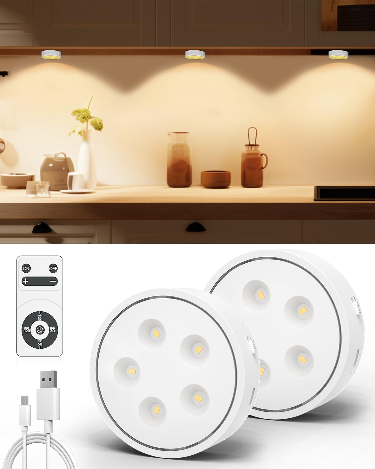 Puck Lights With Remote Control,Under Cabinet Lighting Magnetic,Led Closet Lights Rechargeable,Dimming Tap Light, Stick On Lights, For Closet, Bedroom Wall, Under Cabinet(Warm Color)2 Pack