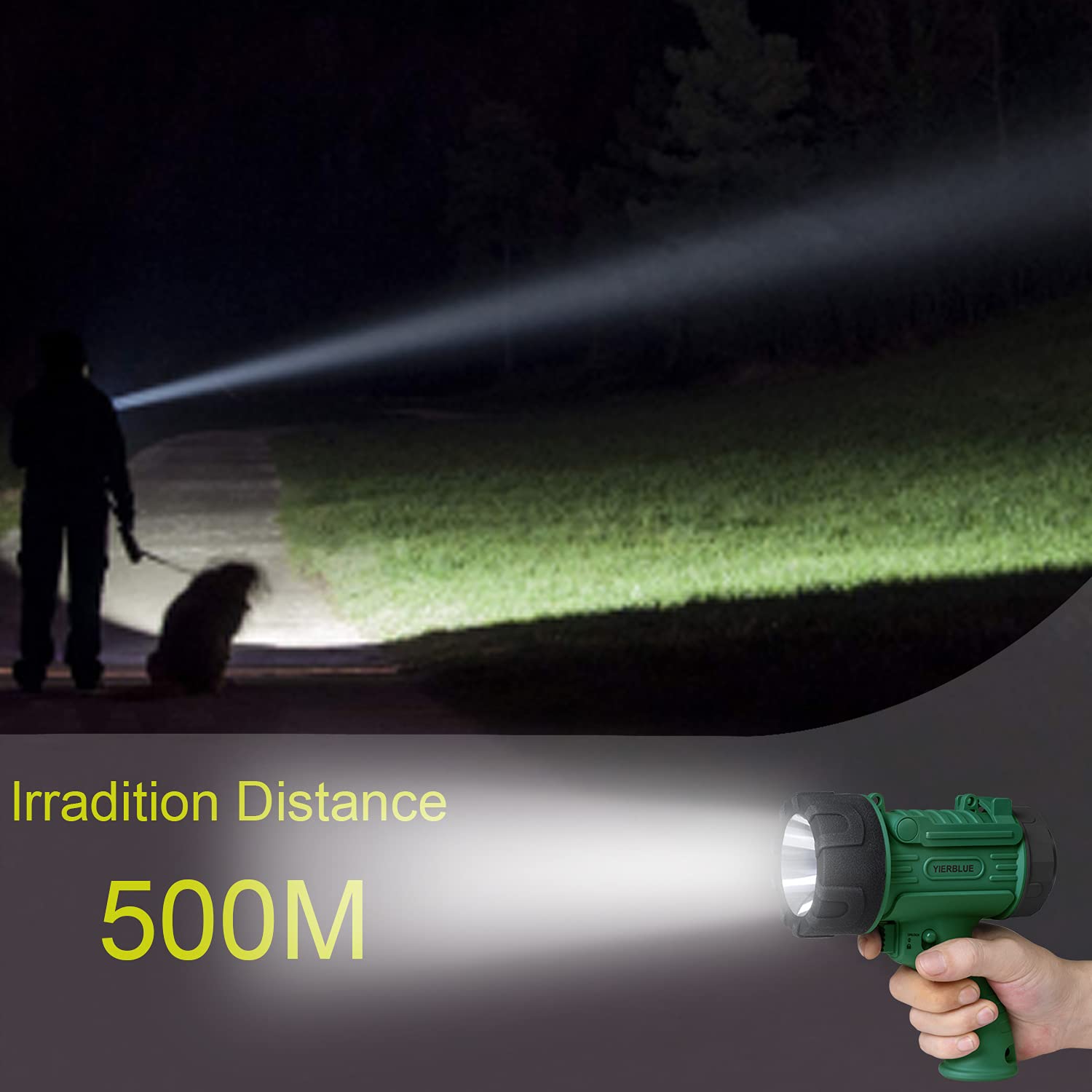 YIERBLUE Rechargeable LED Spotlight 1000000 Lumens, 20Hrs Runtime, IP67 Waterproof, Green-L, Model F-010