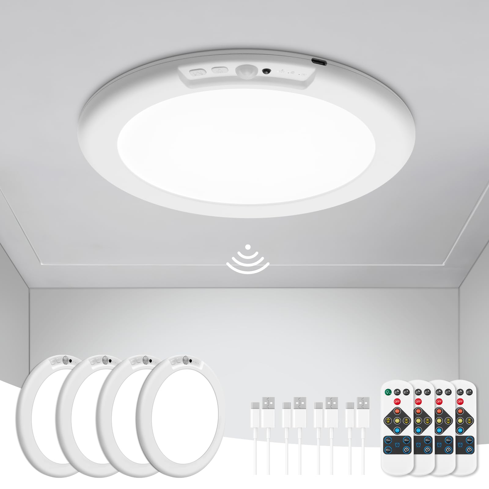 Wowatt 4Pcs Battery Operated Ceiling Lights Rechargeable Motion Sensor Light Indoor Wireless Shower Light With Remote 3000K 4500