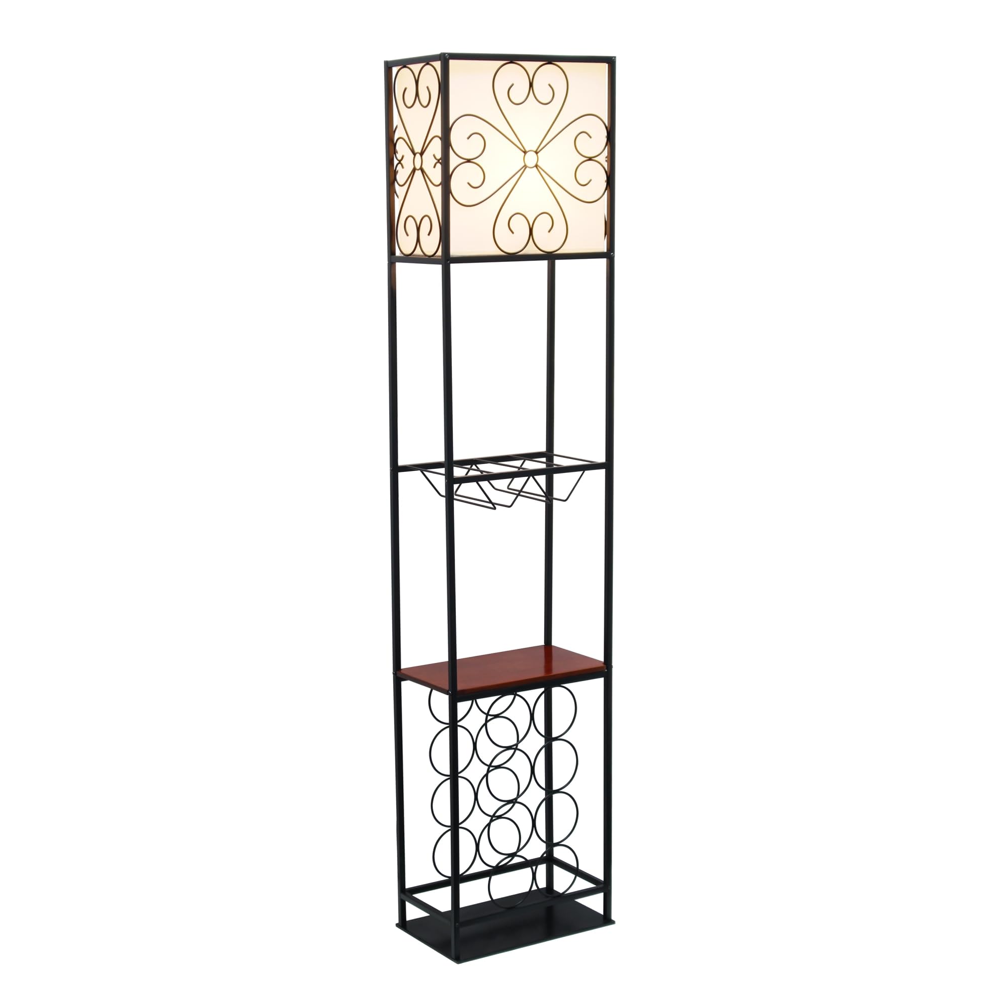 Elegant Designs Lf1021-Blk Etagere Organizer Wood Accented Storage Shelf And Wine Rack With Linen Shade Floor Lamp, Black