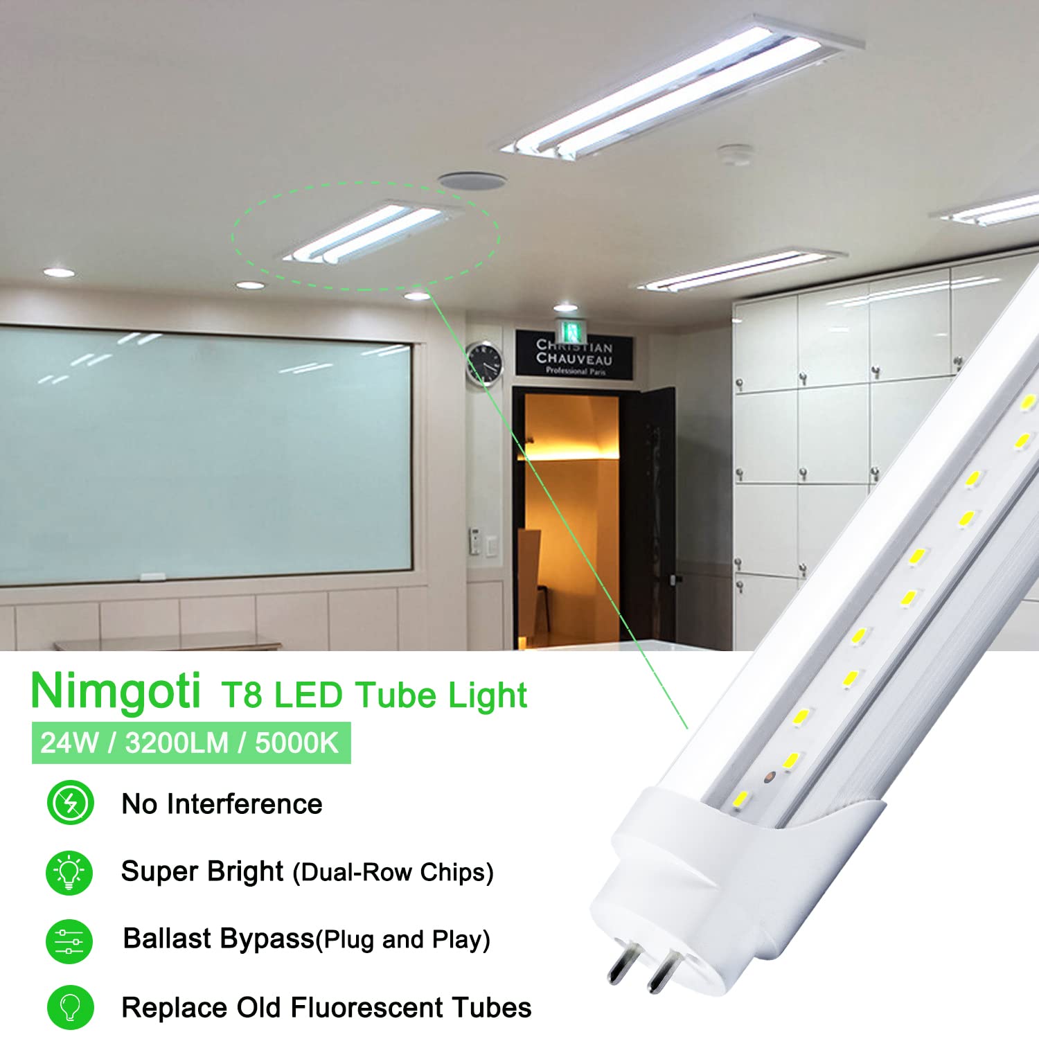Nimgoti T8 LED Bulbs 4FT, 12-Pack, 24W 3200LM, 5000K Daylight White, Aluminum, Ballast Bypass, Clear Cover