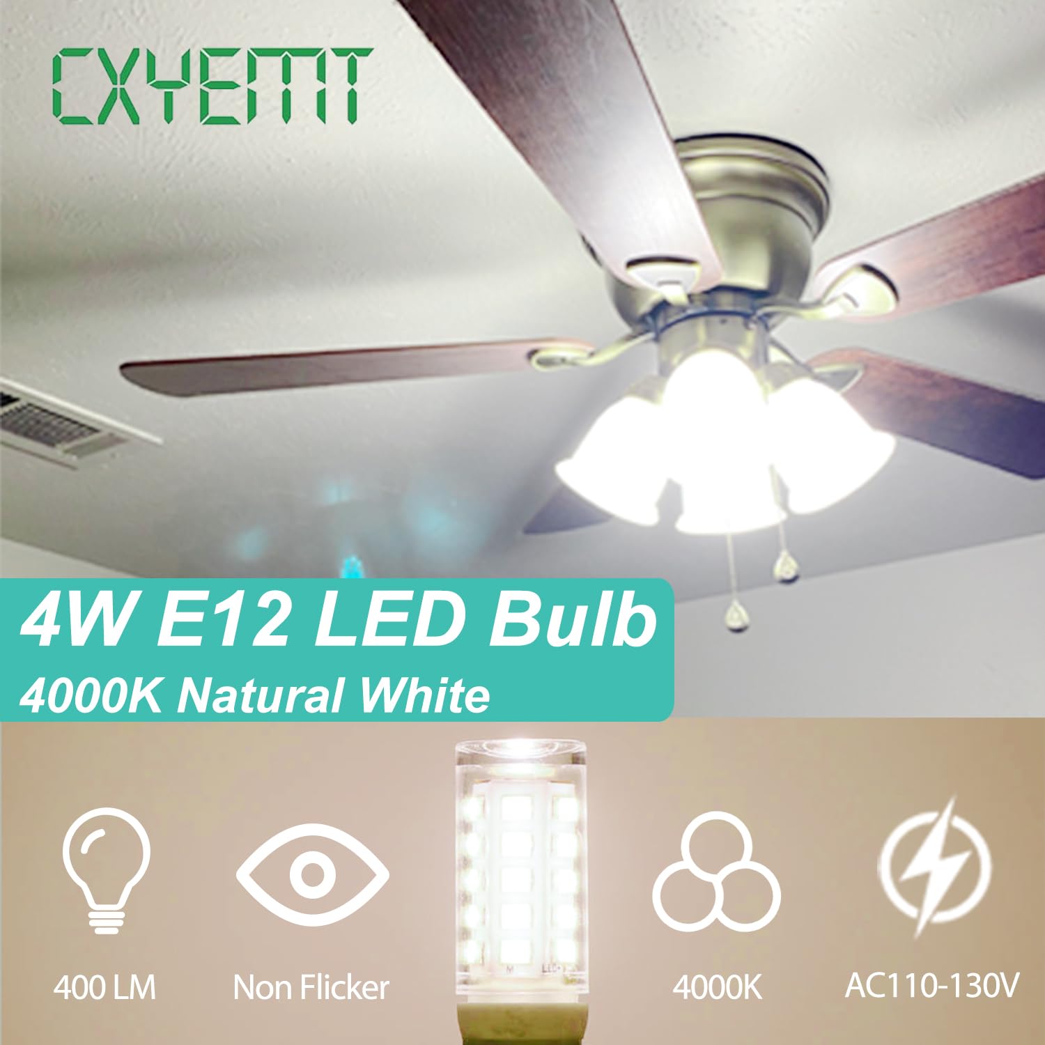 Cxyemt E12 Led Bulb 4W (Equivalent 40 Watt)  T4 Candelabra Light Bulbs 4000K Natural White  400Lm  Non-Dimmable  Non Flicker  360Beam Angle  Ac120V E12 Light Bulbs For Chandelier Lighting  6 Pack