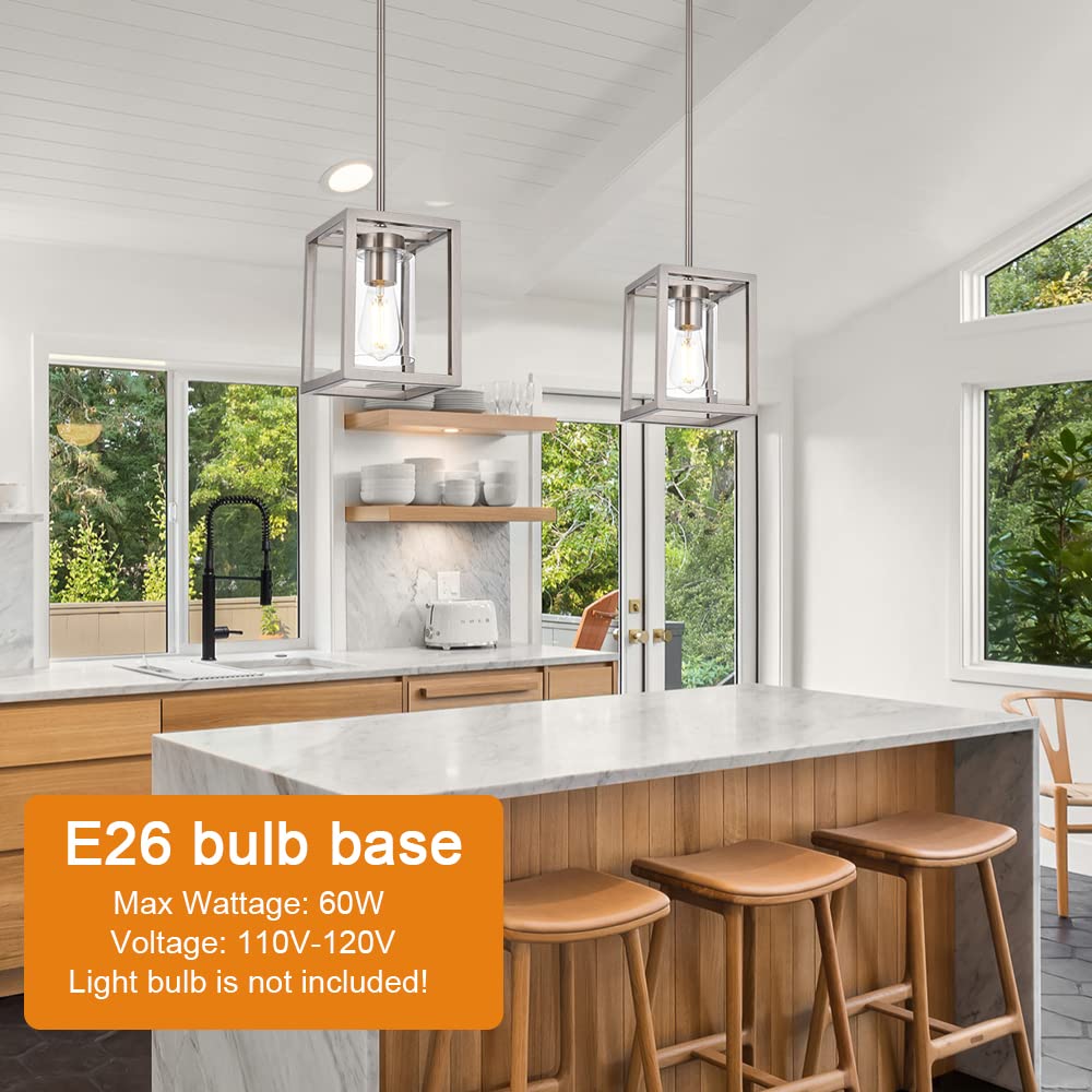 VINLUZ Brushed Nickel One Light Chandelier Pendant Fixture, Modern Kitchen Lighting with Clear Glass Shade, Model 1811-1-SN