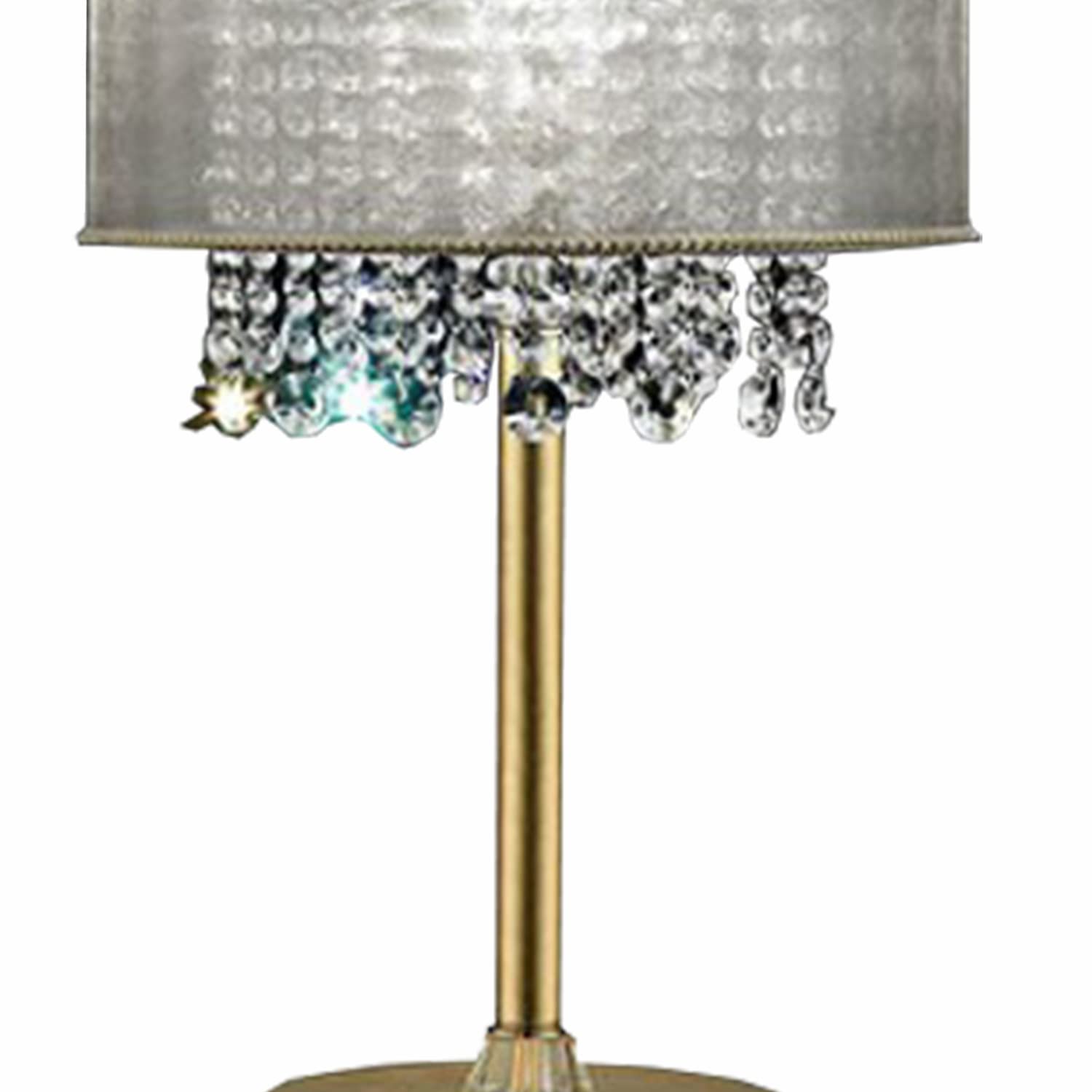 Benjara Table Lamp With Hanging Crystal Droplets Drum Shade, Gold And White