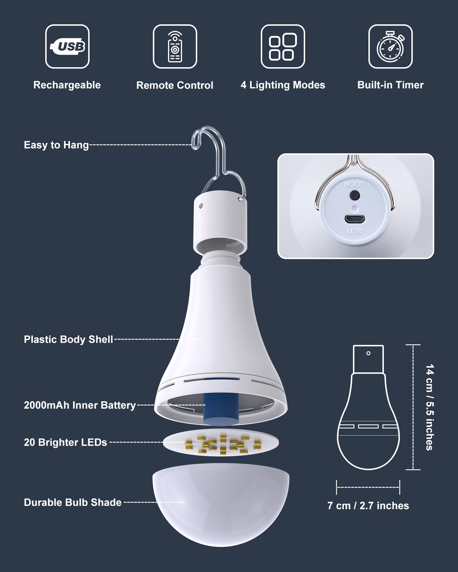 Brightown Usb Rechargeable Light Bulb With Remote And Timer, Battery Backup Emergency Light Bulbs For Home Power Outage, Hanging