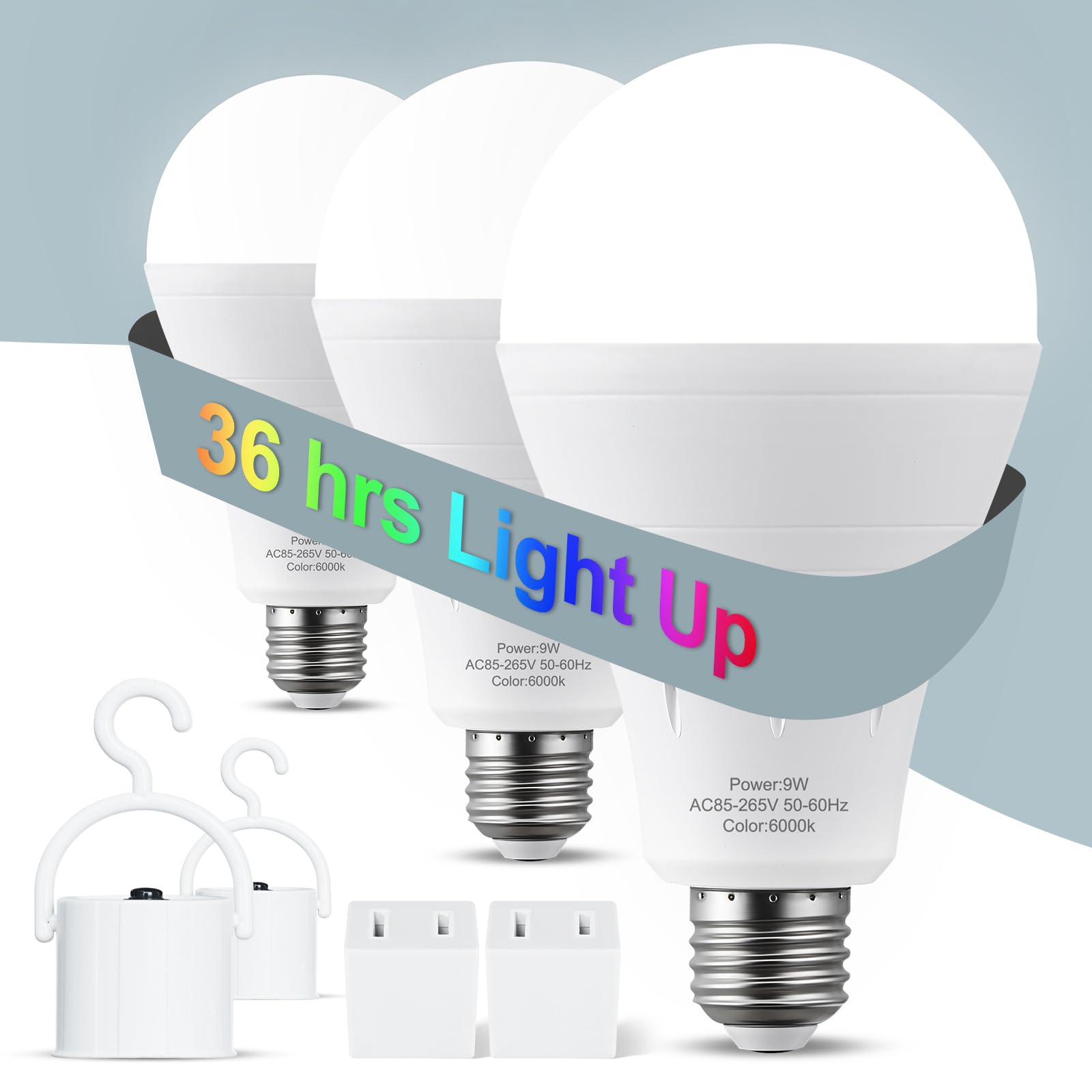 Aluocyi 3 Pack Rechargeable Light Bulbs, Battery Emergency Light Bulb 9W Up To 24 Hours, 6000K Daylight White, Battery Backup Li