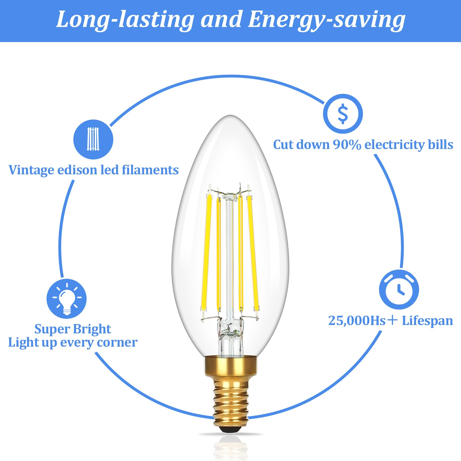 Brightever E12 Candelabra Led Light Bulbs 60 Watt Equivalent, 12 Packs Super Bright 620 Lumen, 6W Clear Led Candle Bulbs, Daylight White 5000K Non-Dimmable Chandelier Light Bulbs For Ceiling Fan