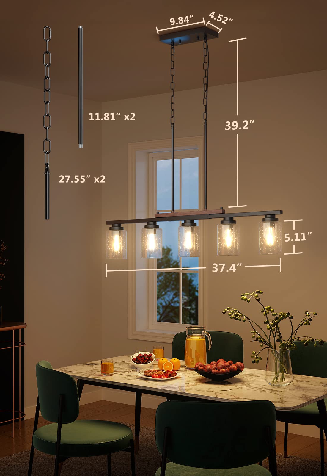 Amico 5-Light Dining Room Chandelier, Black Metal & Wood, Adjustable Rods, Seeded Glass Shade, Farmhouse Decor, Model A0501