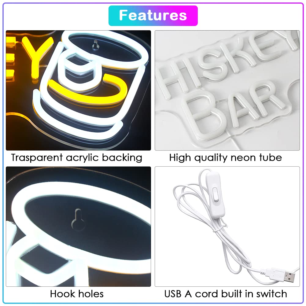 Jurongyilu Whiskey Bar Neon Sign Led Neon Lights For Wall Decor Light Up Bar Signs For Home Bar Cart Restaurant Man Cave Beer Cafe Bistro Club Party Decorations Gift