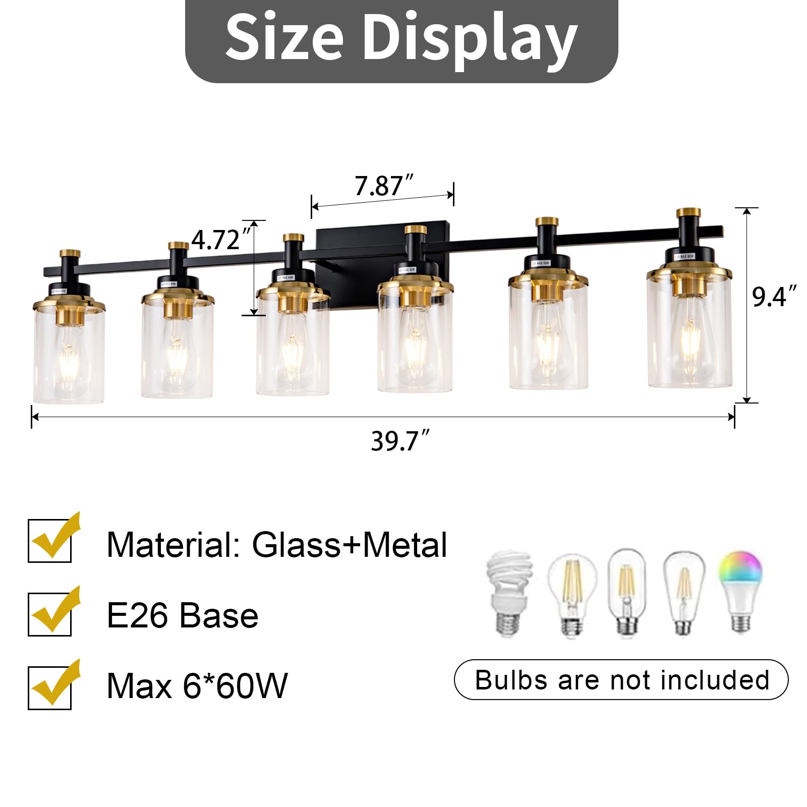Aixialin 6 Bathroom Vanity Lights, Black And Gold Bathroom Light Fixtures, Sconces Wall Lighting With Clear Glass Shade, Modern