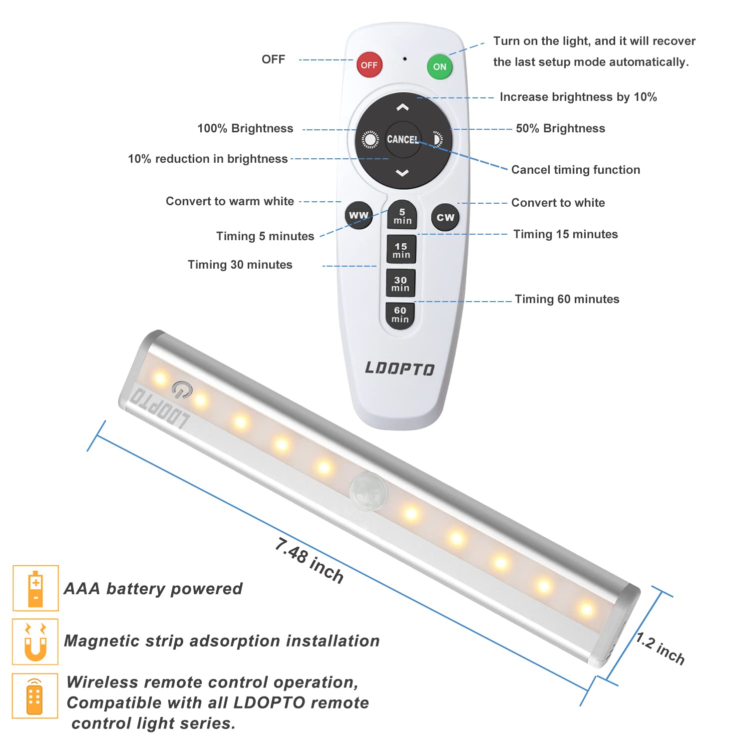 LDOPTO LED Under Cabinet Lights - Wireless, Remote Touch Control, Warm White, 3 Pack, Aluminum, Model LD-8117