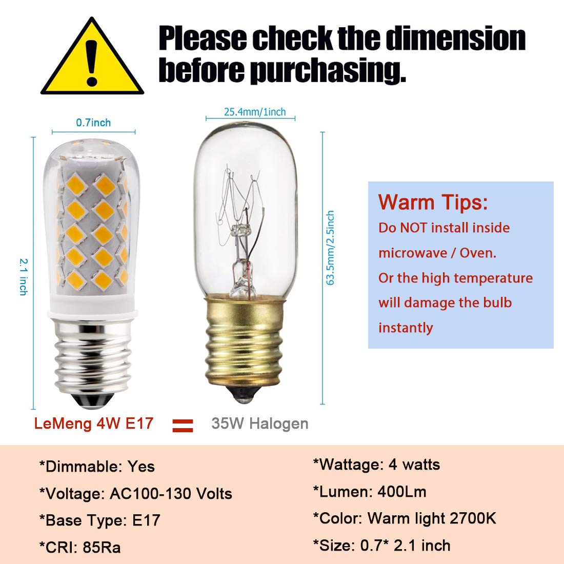 Kakemono Dimmable E17 Led Ceiling Fan Light Bulb 4W, 40W Halogen Equivalent,2700K Warm White 120V E17 Intermediate Base For Desk
