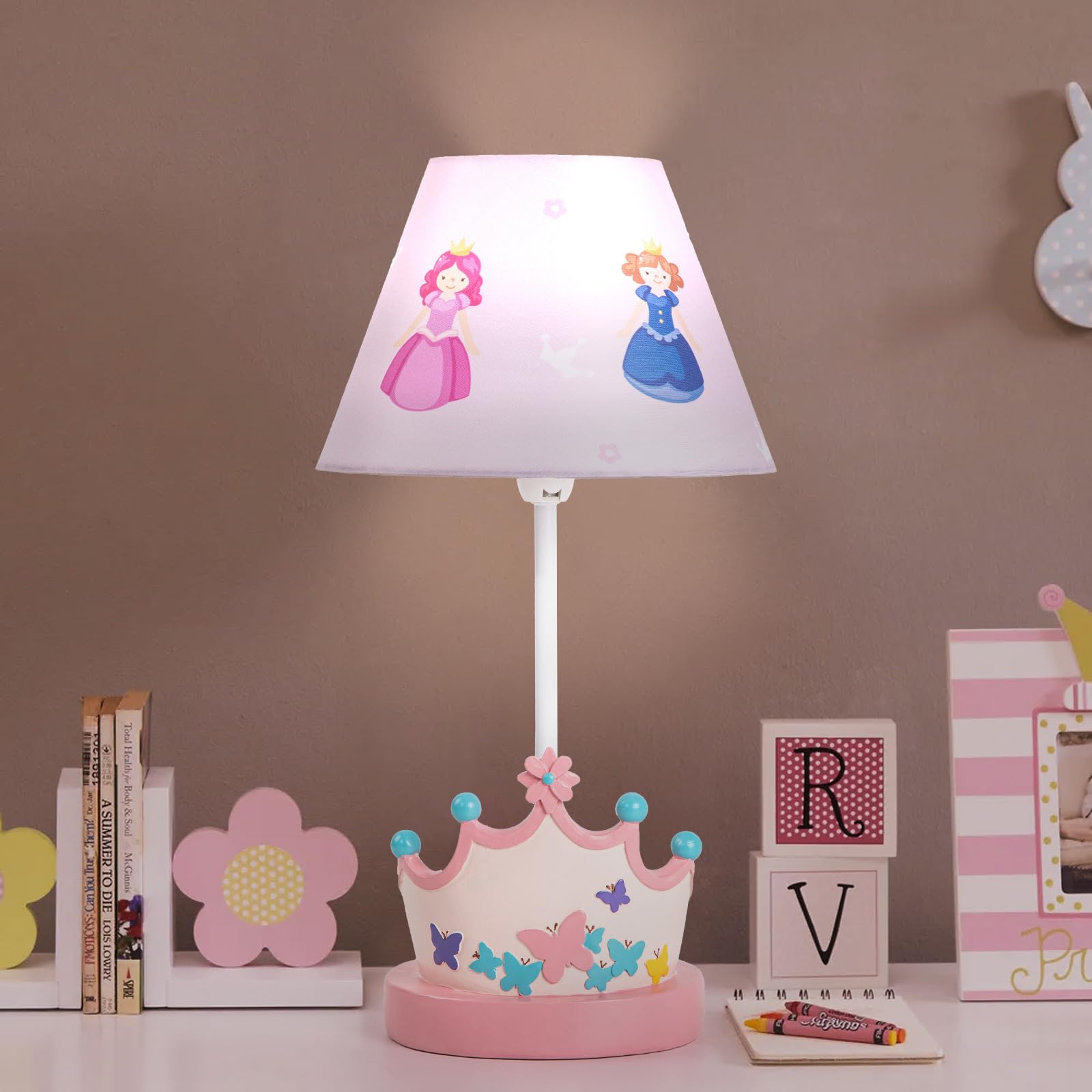 HERBESTBAY Kids Table Lamp, Adorable Princess Crown Style Desk Lamp, 16 Inch Pink Bedside Lamp Ideal for Girls Bedroom Decor, In