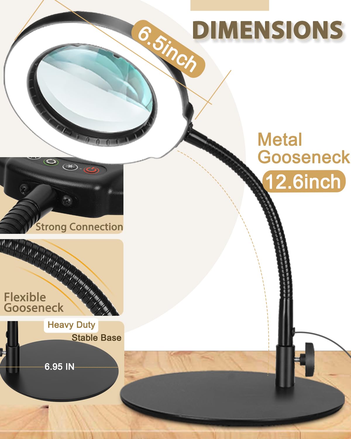 Veemagni 10X Magnifying Glass With Light, 5 Color Modes Stepless Dimmable Flexible Gooseneck Led Hands-Free Desk Lamp, Stand Lig