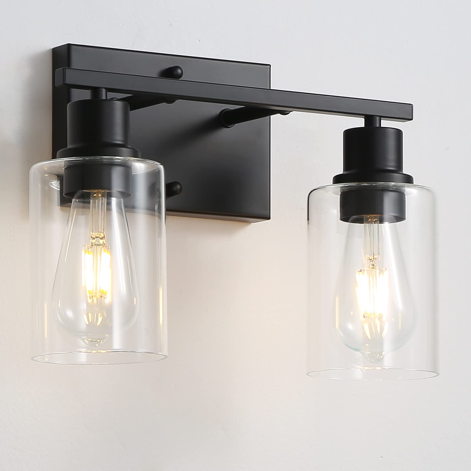Emong 2-Lights Bathroom Light Fixtures, Matte Black Vanity Light With Glass Shade, Modern Wall Sconces Lighting For Bathroom,Mir