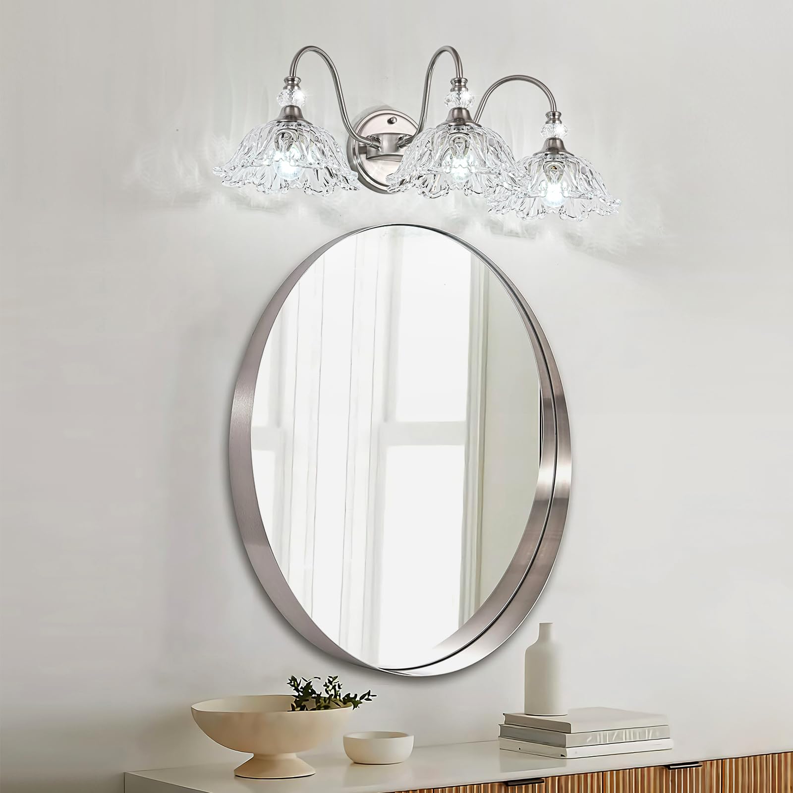 Sunkryster Brushed Nickel 3-Light Bathroom Vanity Light with Floral Glass Shades, Metal Wall Mount Lighting