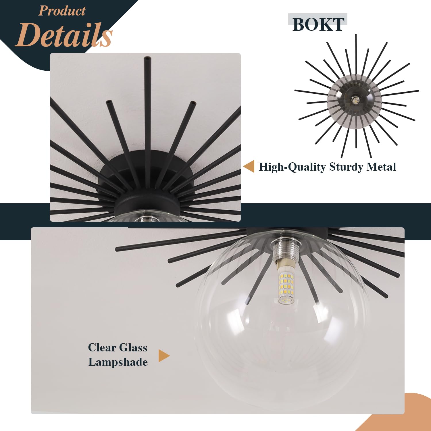Bokt Black Semi Flush Mount Ceiling Light - Small Clear Globe Glass Ceiling Fixture - Modern Mid Century Retro Ball Hallway Vint