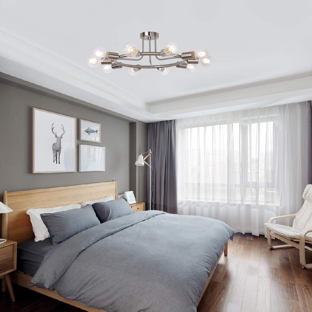 BONLICHT Round Rustic Chandelier 10-Light Brushed Nickel Modern Semi Flush Mount Ceiling Light Industrial Vintage Sputnik Chande