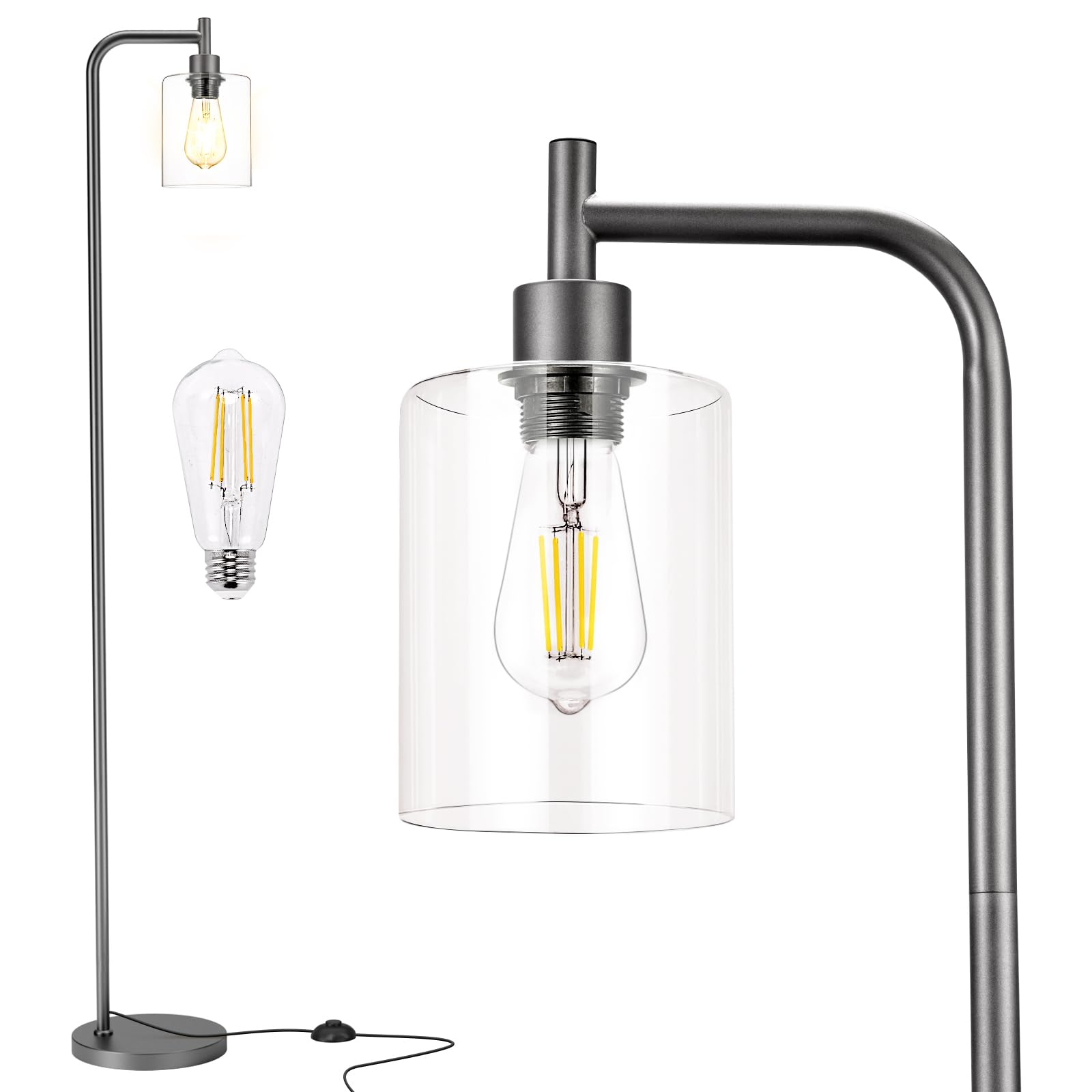Ziisee Floor Lamps for Living Room - Industrial Standing Lamp with Glass Shade, Modern Grey Floor Lamp with LED Bulb, Farmhouse 