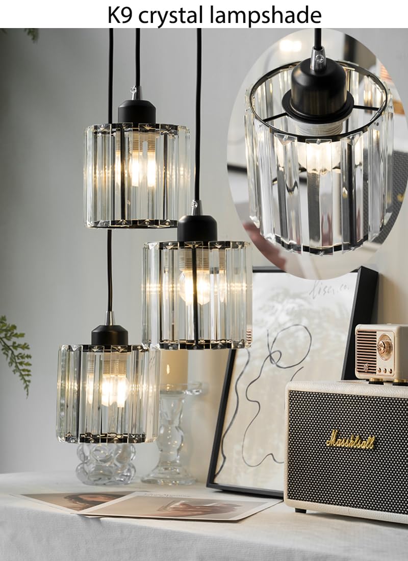 Meimond Modern Crystal Pendant Light - 6 Lights Metal Chandelier, Black, for High Ceilings, Foyer, Living Room, Model LTD-10
