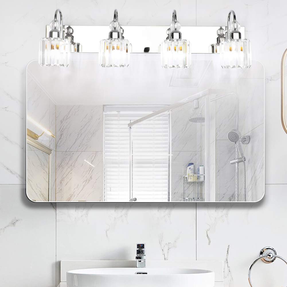 Ralbay 4-Light Modern LED Crystal Bathroom Vanity Lights, Round Chrome, Stainless Steel Fixtures, Model 8600