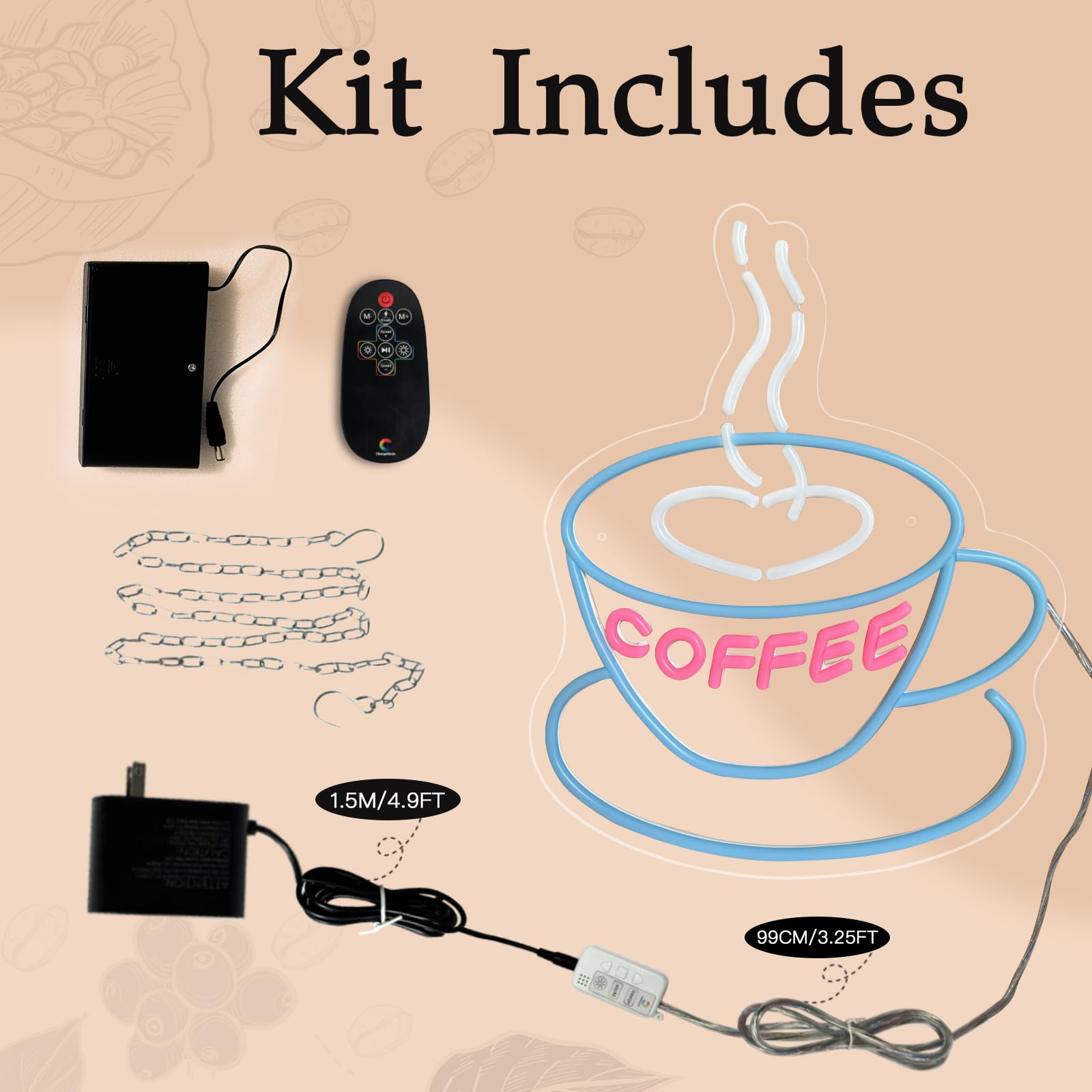 YALLOVE Dimmable Coffee Neon Sign, LED Wall Decor, Cut to Shape 16.5"x13", Ice Blue/Rose/White, Remote Control for Cafe/Restaurant
