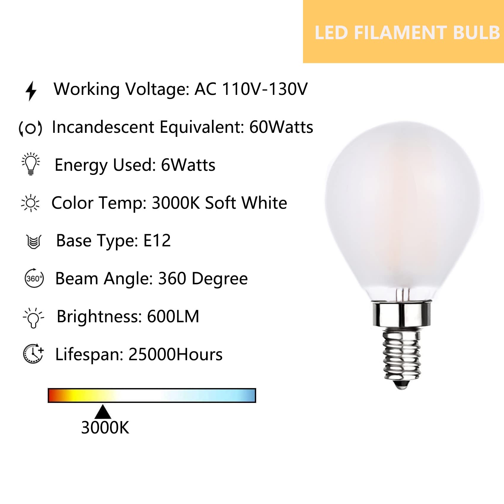 Sunaiony Led Globe Light Bulbs 60W Equivalent 6W Frosted Soft White 3000K E12 Candelabra Base Dimmable Frosted Glass Finish For
